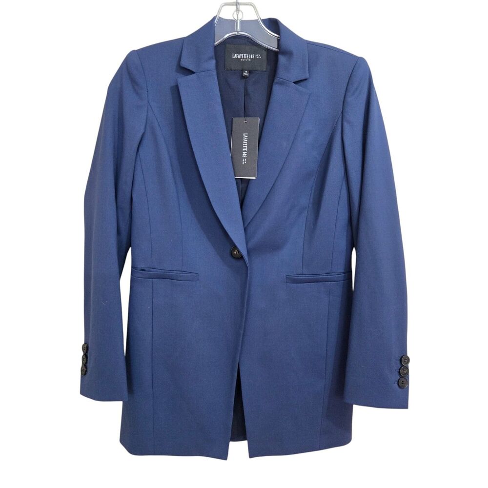 NEW Lafayette 148 Womens sz 0 Petite 0P Stretch‎ Wool Single Button Blazer Blue